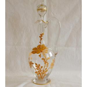 Baccarat Carafe Aiguière En Cristal Doré émaillé anémone d'époque Art Nouveau - 29cm