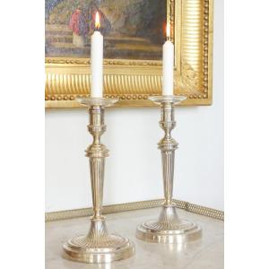   Pair Of Louis XVI Directoire Period Silver Plated Bronze Candlesticks