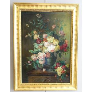 Bouquet De Fleurs / roses sur un entablement - école Lyonnaise Du XIXe Siècle - 76,5cm X 104cm