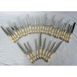 3x12 Louis XV Style Knife Set, Silver Ferrules, Silver And Chrome Steel Blades