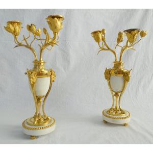 Pair Of Louis XVI Style Gilt Bronze And Marble Cassolette Candelabras With Inverted Candlesticks