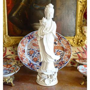 Statue Guanyin 50cm En Porcelaine Blanc De Chine  - Décor De Chinoiseries / Cabinet Chinois