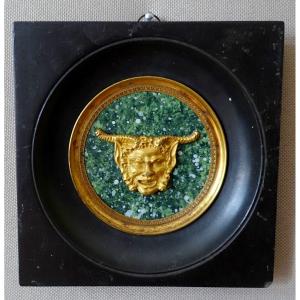   Ravrio - Miniature Portrait Of A Satyr, Souvenir Of The Grand Tour, Gilded Bronze On Porphyry Background