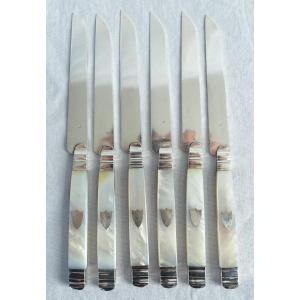 6 Empire Fruit Knives, Mother Of Pearl Handle, Sterling Silver Blade, Early 19th Century