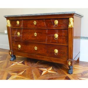 Consulate Period Chest Of Drawers In Mahogany Mercury Gilt Bronze Trefoil Lock & Blue Turquin Marble