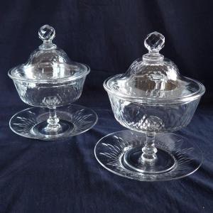 Pair Of Baccarat Crystal Drageoirs / Candy Boxes, Champigny Richelieu Pattern