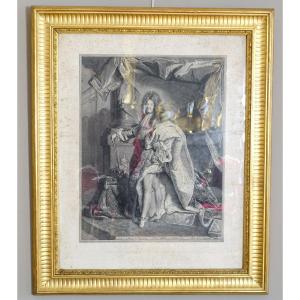 Large Royalist Engraving King Louis XIV In Majesty, Gilded Wooden Frame 82x99.5cm