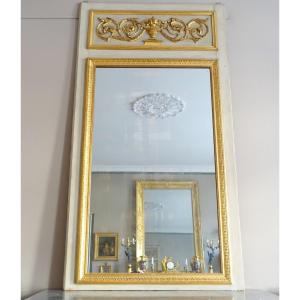 Trumeau, Louis XVI Style Fireplace Mirror Or Woodwork In Lacquered And Gilded Wood, 198 X 107cm