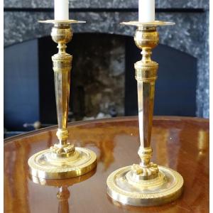 Pair Of Empire Gilt Bronze Candlesticks - Return From Egypt, Consulate Period