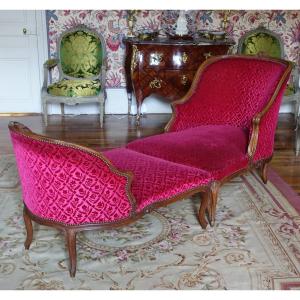 Broken Duchess - Louis XV Period Chaise Longue In Crushed Velvet Manufacture Bonvallet