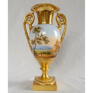 Empire Vase With "turning Landscape" In Paris Porcelain - Early 19th Century, 30cm