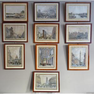 The Monuments Of Paris - Set Of 10 Colorized Engravings From The Napoleon 3 Period - Mahogany Frames