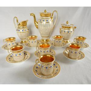 Service à Café Complet Pour 8, Porcelaine Dorée et bleu, époque Empire Restauration - 11 Pièces