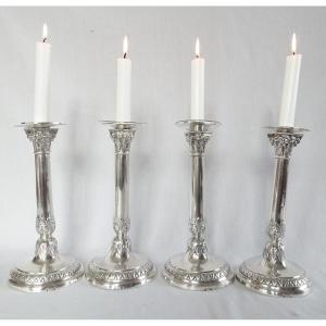 Set Of 4 Empire Period Solid Silver Flambeaux Candlesticks - Rooster Hallmark