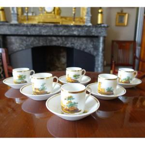 Service à Café Empire En Porcelaine De Paris Dorée à l'Or Fin Et Paysages Italiens, 6 Tasses