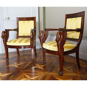 Pair Of Empire Mahogany Armchairs, Swan Model, Attributed To Bellangé