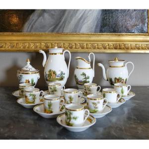 Empire Mocha Coffee Service In Paris Porcelain With Fine Gold Gilding & Italian Landscapes, Ca 1820