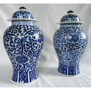 Paire De Grandes Potiches En Porcelaine Bleu De Hué - Chine 44cm