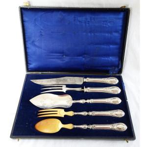 Napoleon III Serving Cutlery Set In Solid Silver And Ivory, Minerva Hallmark