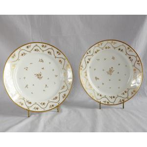 Manufacture Halley - Pair Of Empire Period Gilded Porcelain Table Plates - Signed