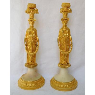 Pair Of Candlesticks, Candlesticks In Chiseled And Gilded Bronze, Russian Neo Classical Work Late 18th