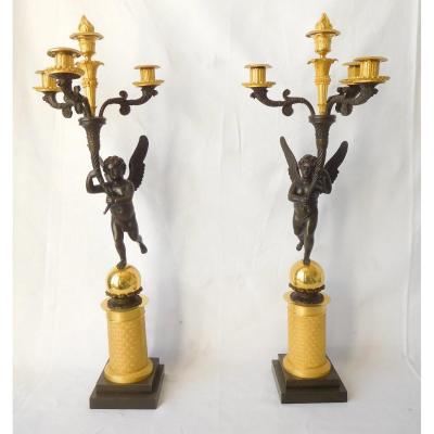 Pair Of Large Empire Candelabra With Winged Children Attributed To Gérard Jean Galle - Gilt Bronze