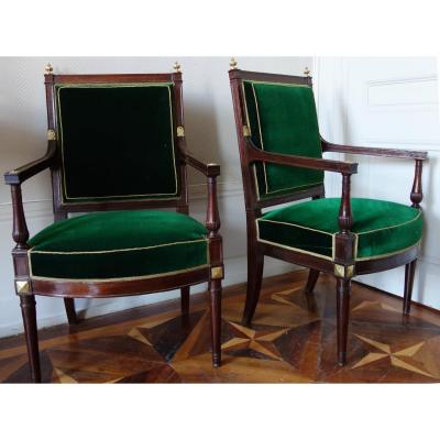 Pair Of Directoire Mahogany And Ormolu Armchairs Attributed To Jacob, Late 18th Century