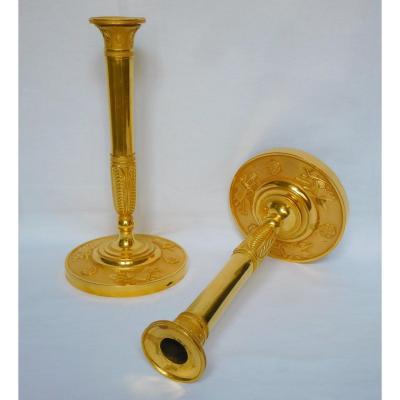 Pair Of Gilt Bronze Candlesticks From Empire Period Attributed To Claude Galle 26cm