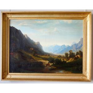 Jules Nicolas Schitz - Large Mountain Landscape Oil On Canvas 147x113cm