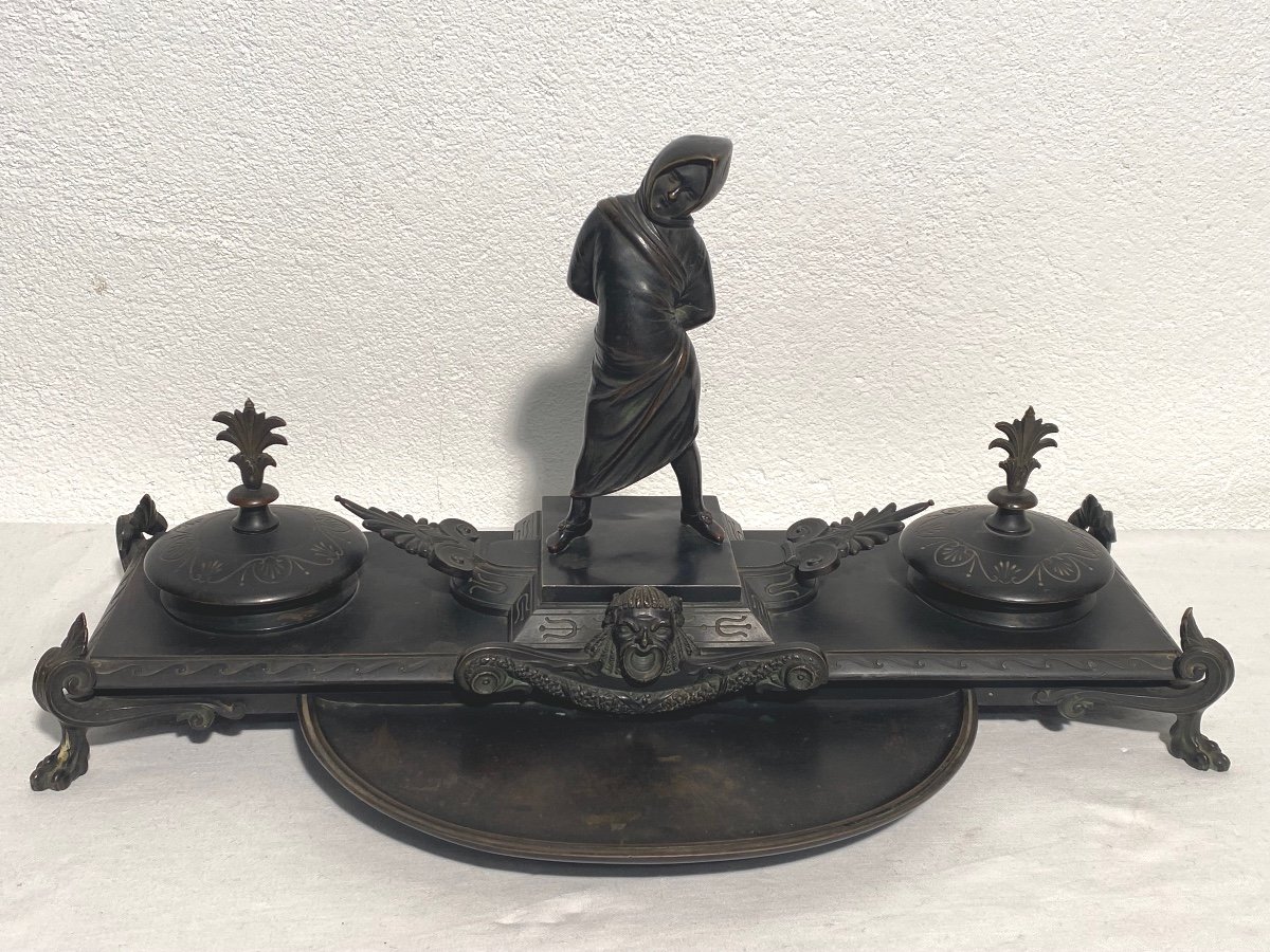 Empire Style Bronze Inkwell After Louis Barye / The Fool Of Rome 