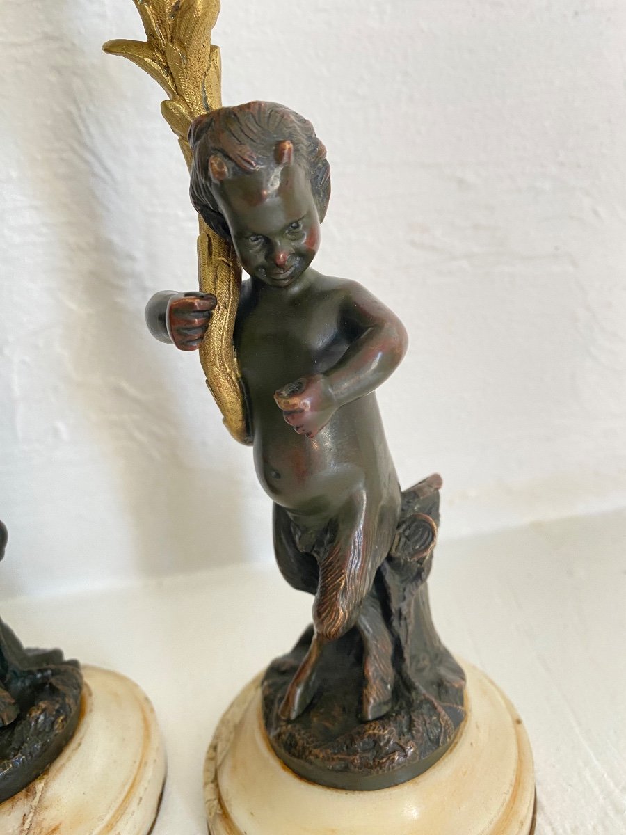 Pair Of Clodion Style Bronze Faun Candlesticks-photo-3