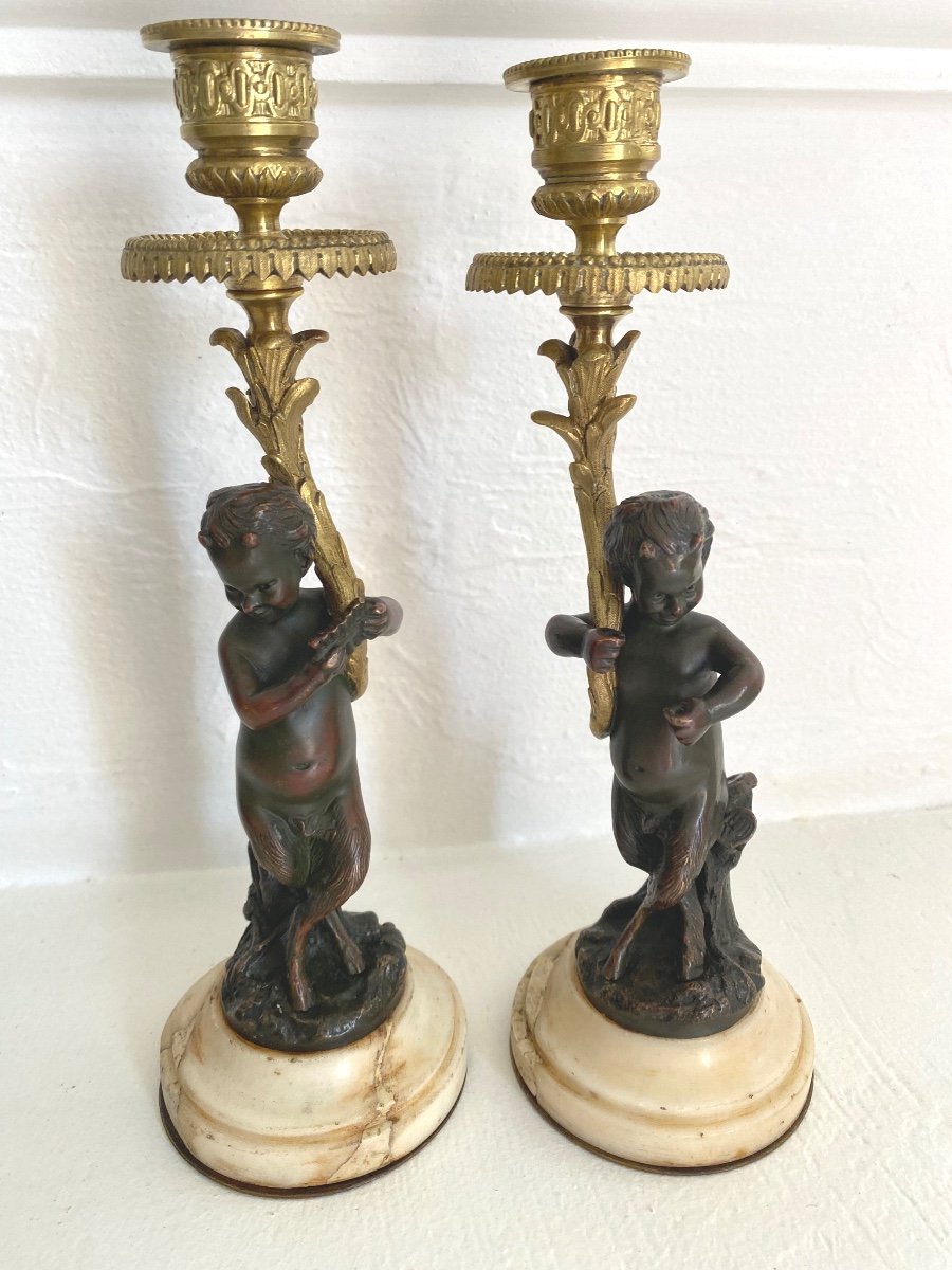 Pair Of Clodion Style Bronze Faun Candlesticks