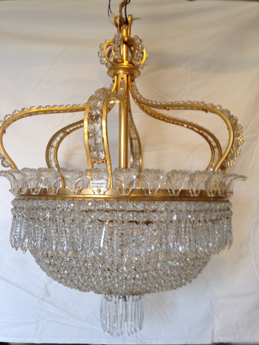 Bronze And Baccarat Crystal Chandelier, Crown With Palmettes Model 