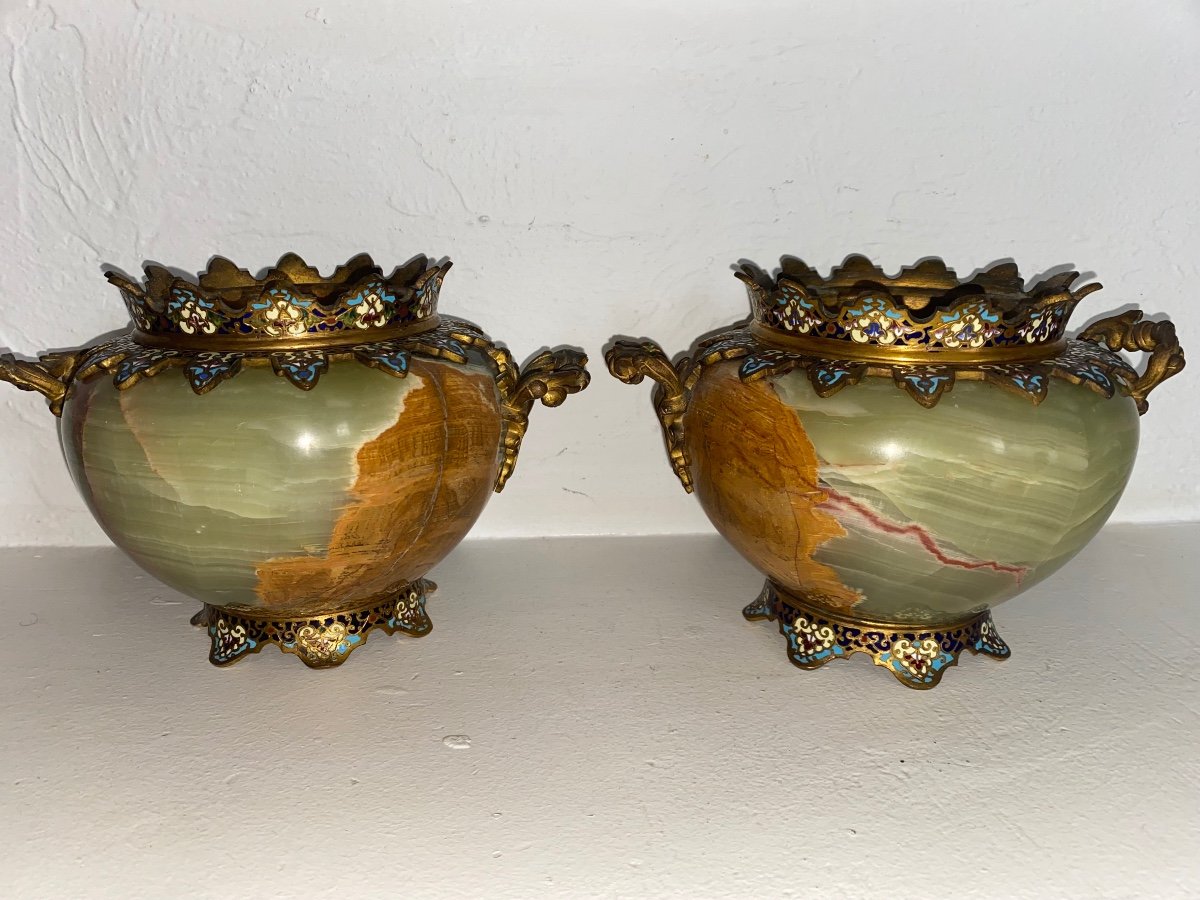 Pair Of Onyx And Cloisonné Bronze Vases Attributed To Eugene Cornu