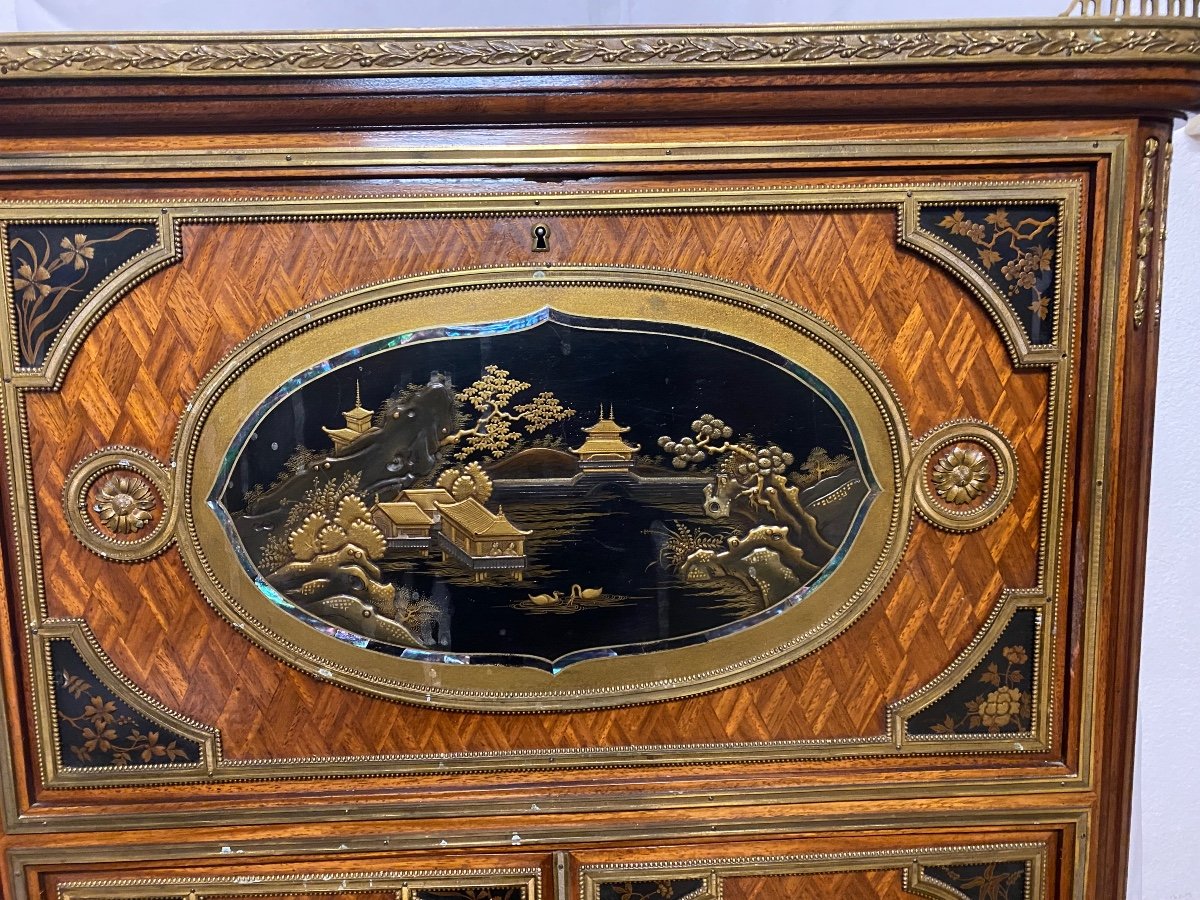 Secretary / Music Cabinet Attributed To Maison Beurdeley Chinese Lacquer Decor -photo-2