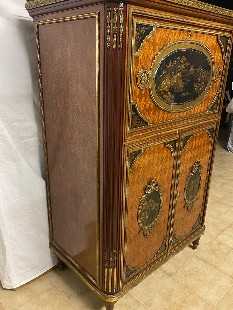 Secretary / Music Cabinet Attributed To Maison Beurdeley Chinese Lacquer Decor -photo-1