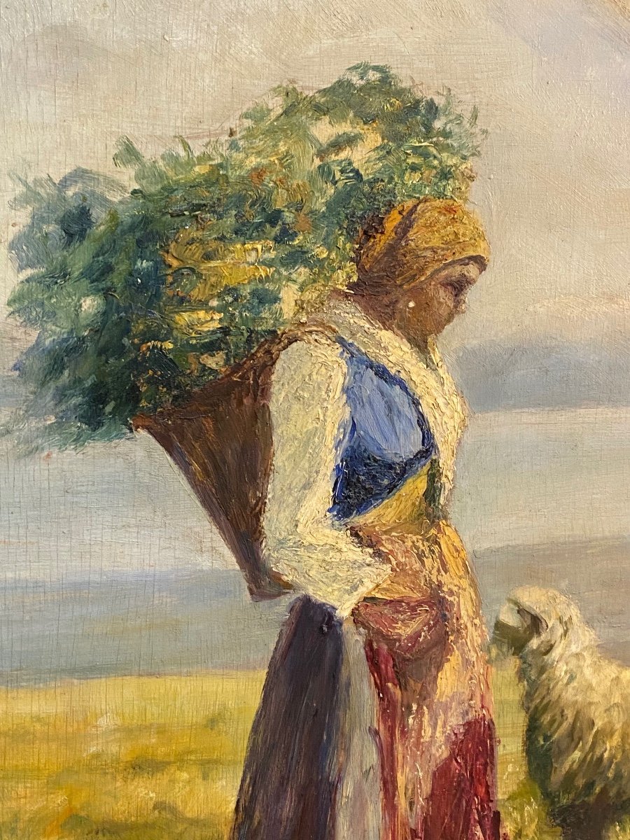 Large Painting Signed Shepherdess And Sheep-photo-3