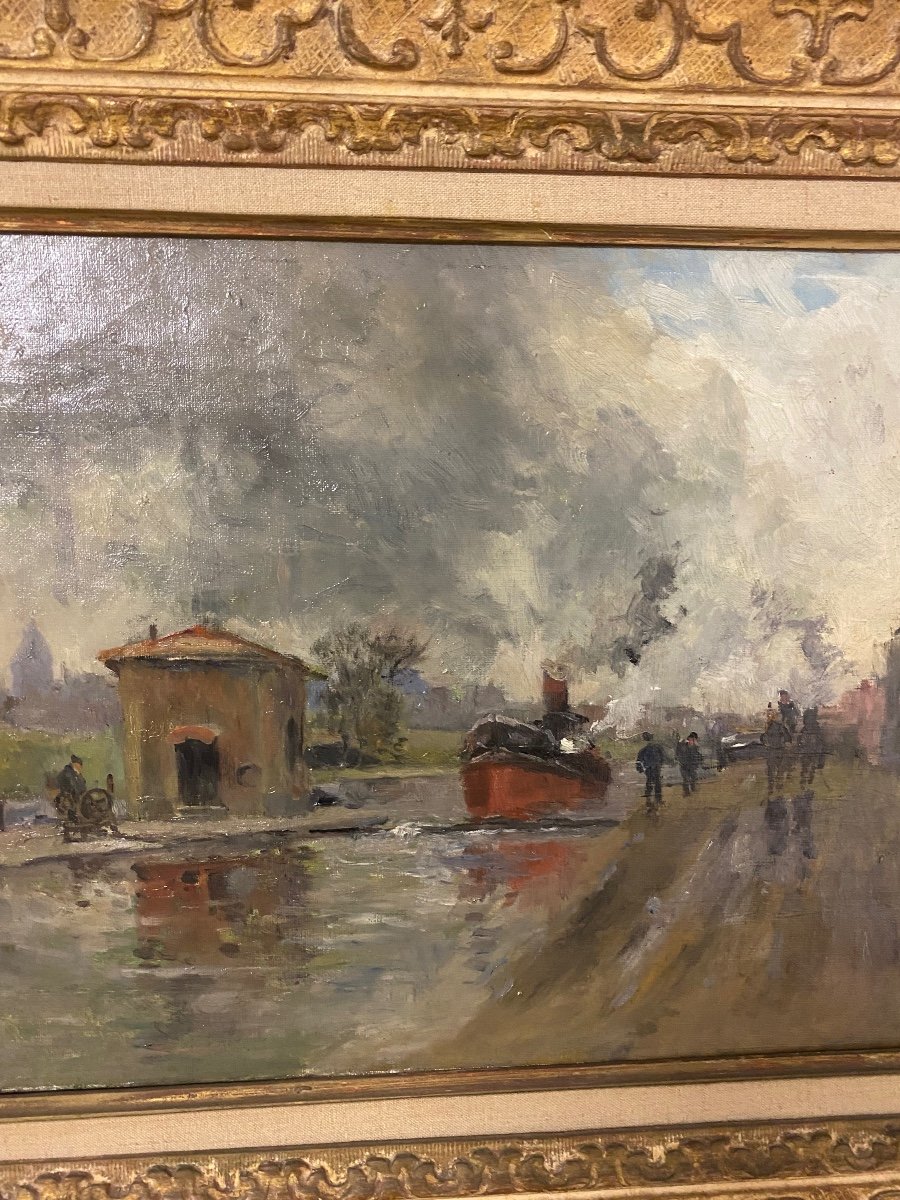 Péniche sur canal  , peinture de Pierre Vauthier -photo-2