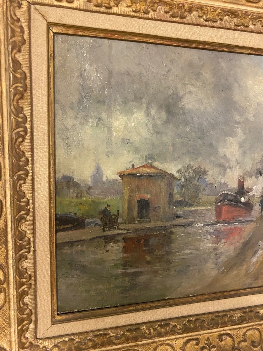 Péniche sur canal  , peinture de Pierre Vauthier -photo-3