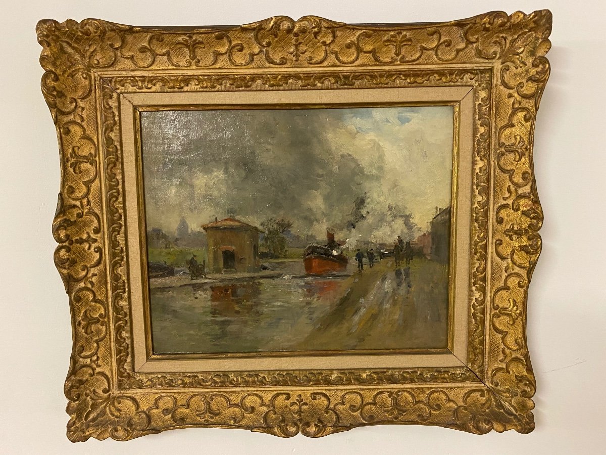 Péniche sur canal  , peinture de Pierre Vauthier -photo-1