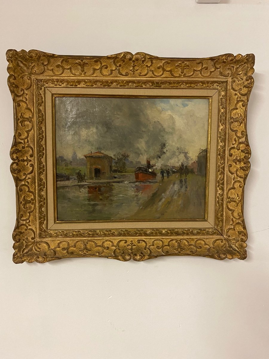 Péniche sur canal  , peinture de Pierre Vauthier -photo-2