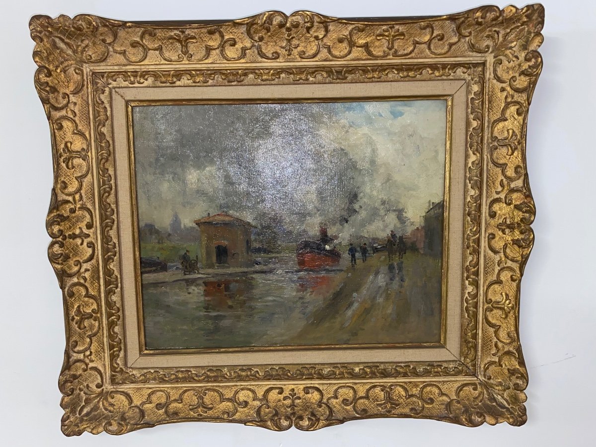 Péniche sur canal  , peinture de Pierre Vauthier -photo-5