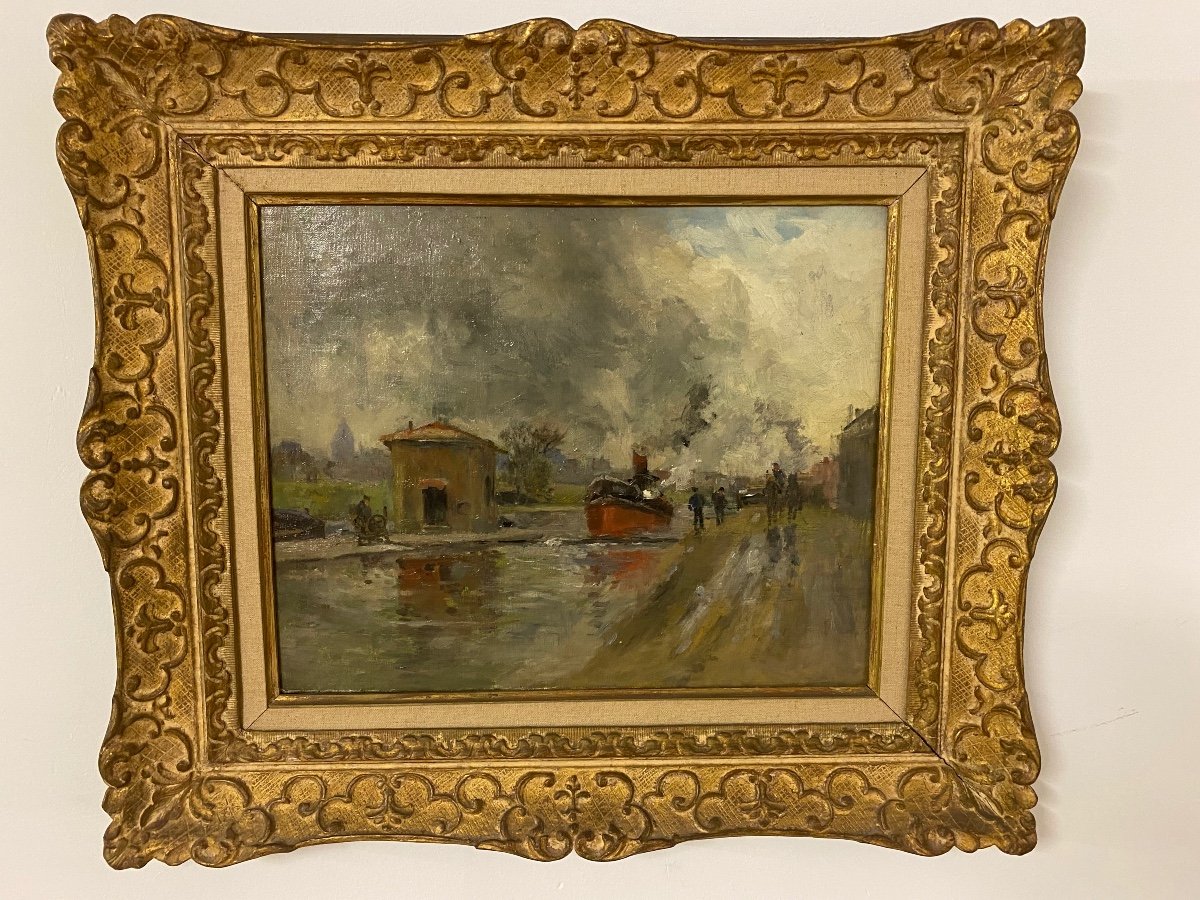 Péniche sur canal  , peinture de Pierre Vauthier 