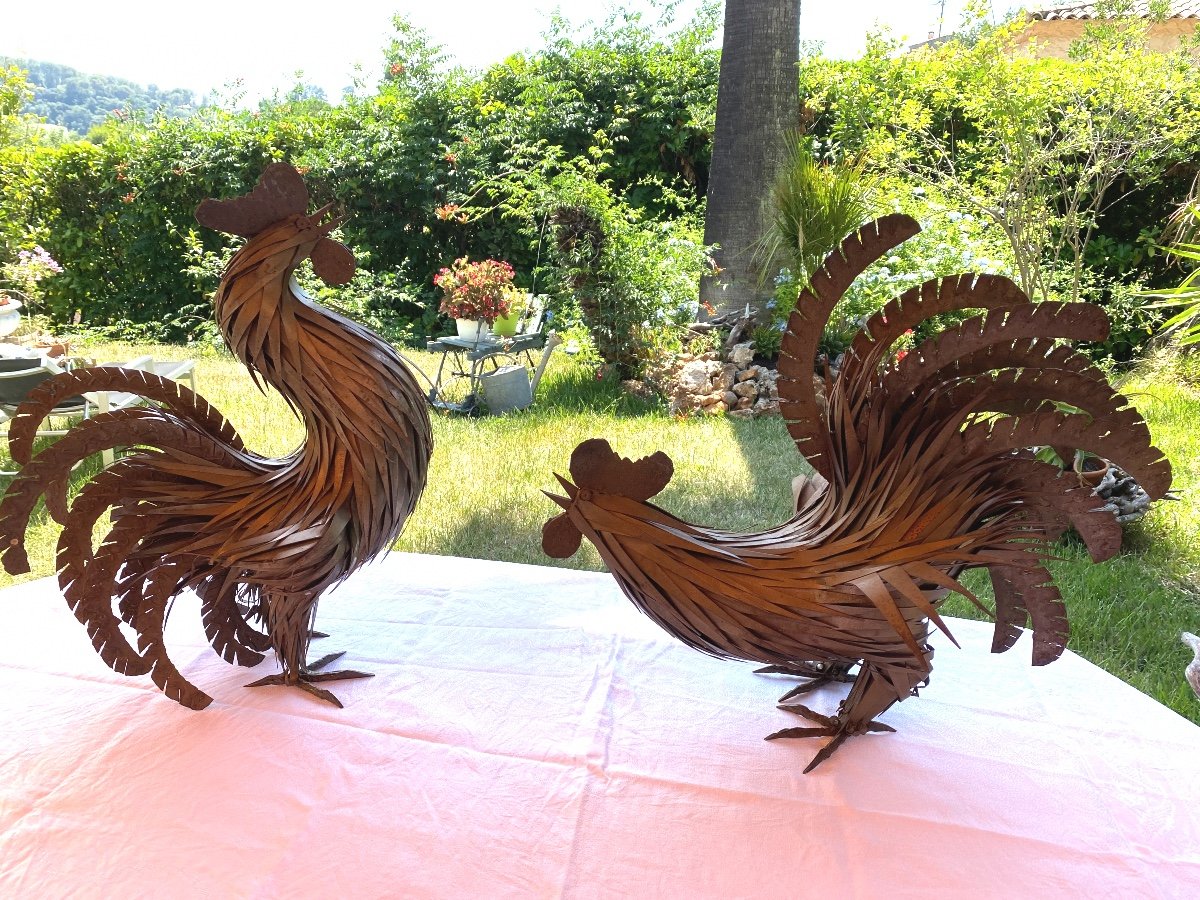 Pair Of Large Rooster Sculptures Signed By The Artist Michel Jarry