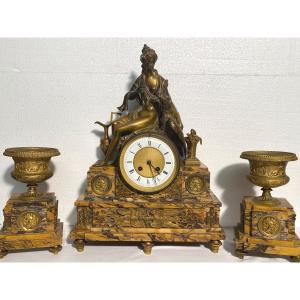 Fireplace Decoration / Pendulum In Bronze And Yellow Sienna Marble And Its Cassolettes 