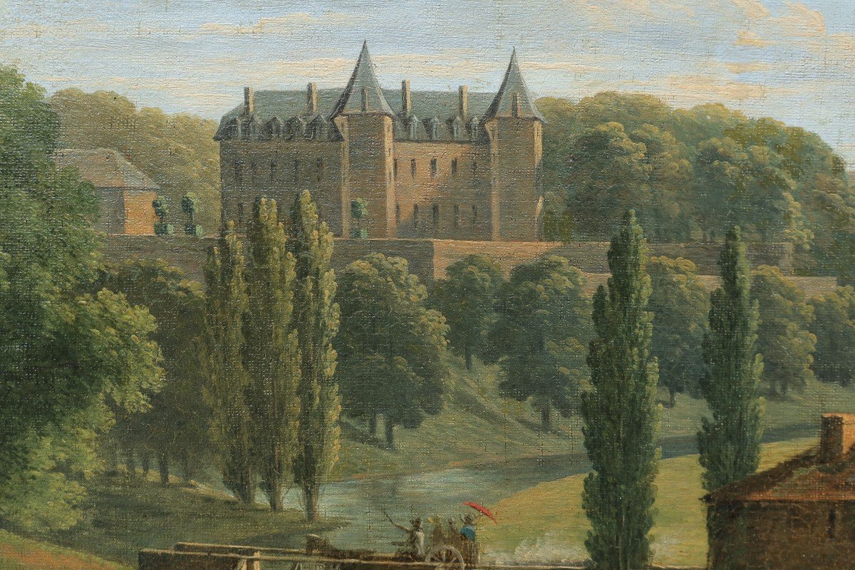 Château dans un paysage animé de cavaliers - Ecole romantique 1841-photo-2