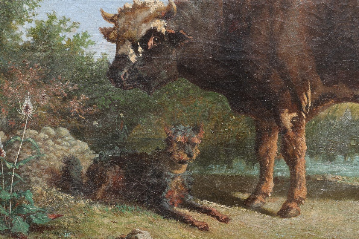 Charles Gaugiran Nanteuil (1811-?) - Bull And Dog In A Landscape-photo-3