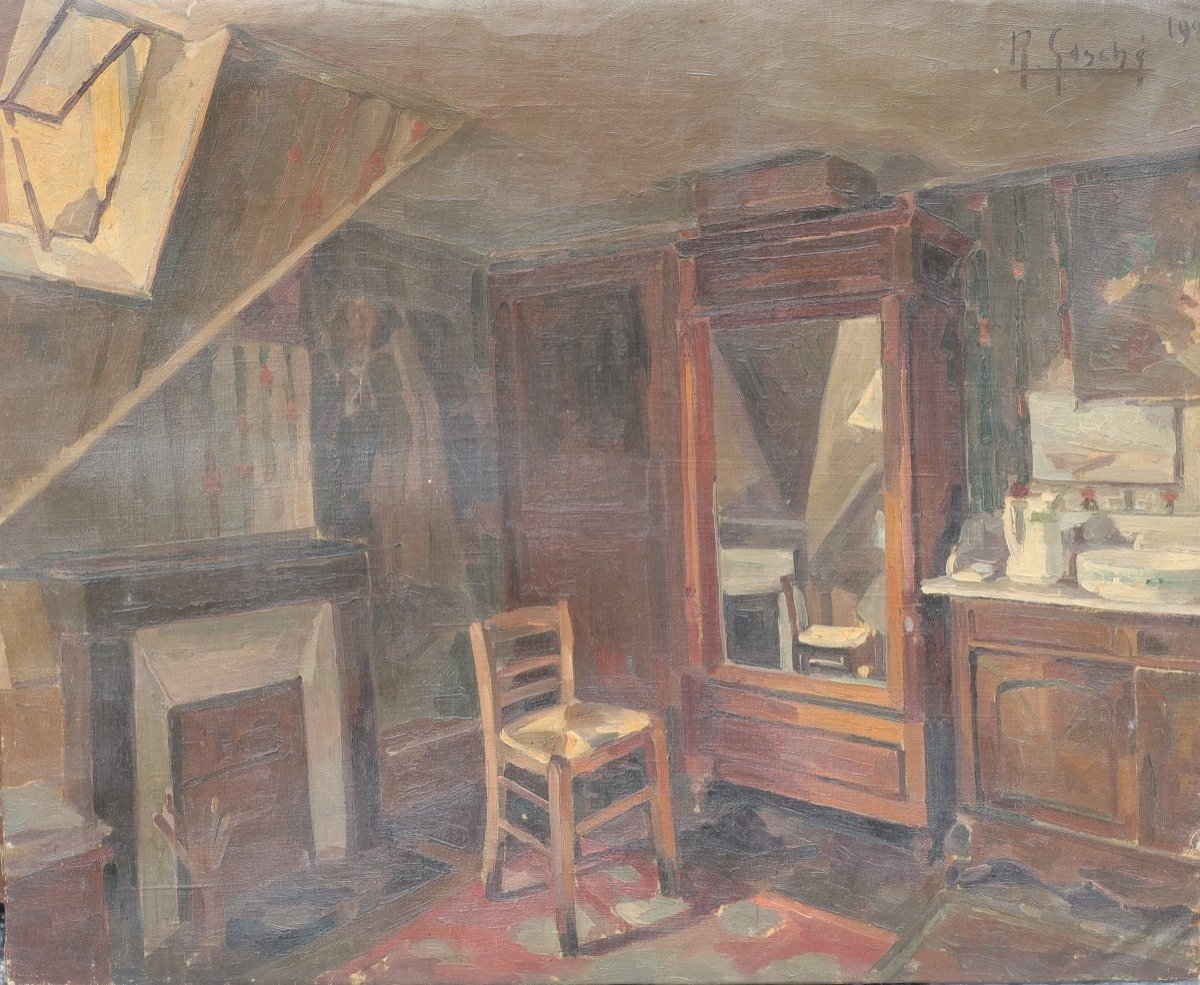 Autoportrait de peintre et vue de sa chambre,2 tableaux. René Lucien GASCHE (1900-?)-photo-4