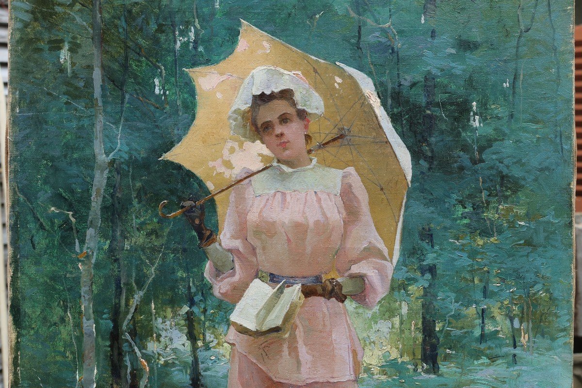 Henri Gaston Darien (1864-1926). Young Woman With A Book And A Parasol.-photo-2