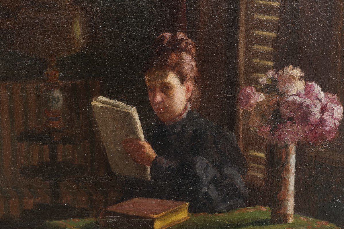 Jacques-henri Barennes (1852-1923). Woman Reading In An Interior, Bordeaux.-photo-2